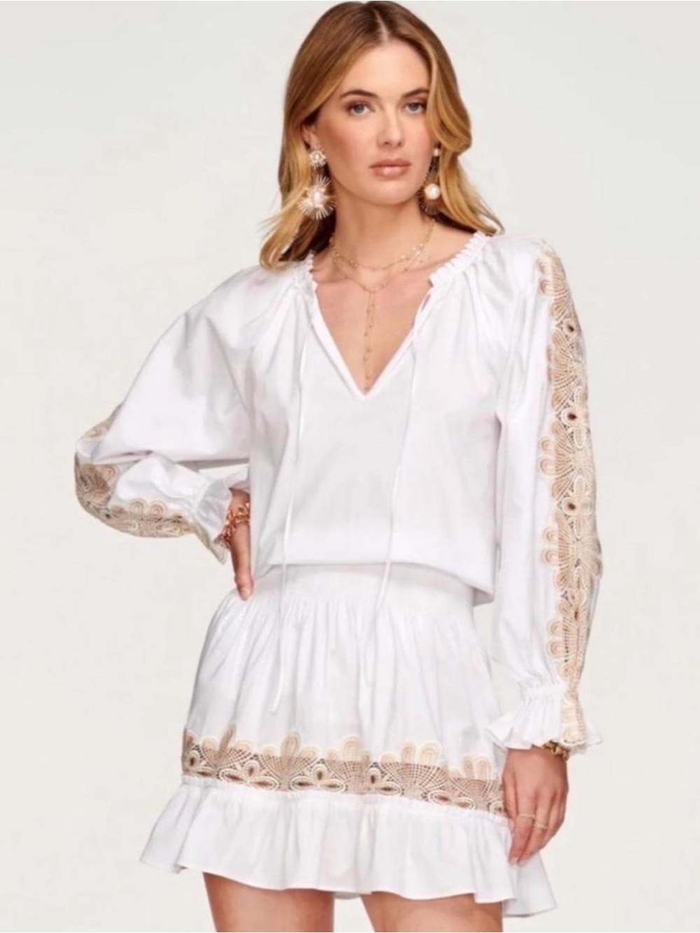 RAMY BROOK Embroidered Peasant style dress with Beige lace - Women dresses